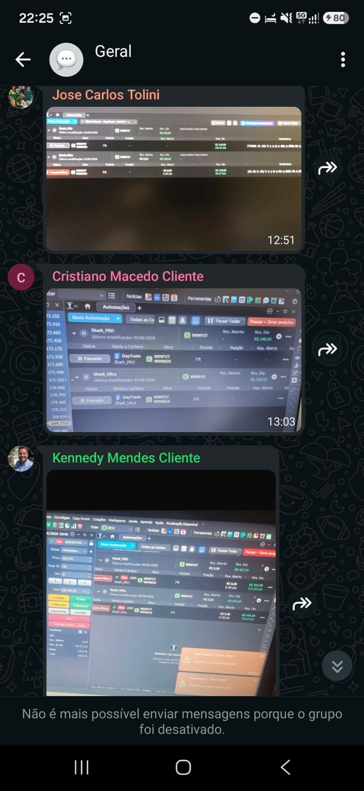 Clientes compartilhando resultados no grupo
